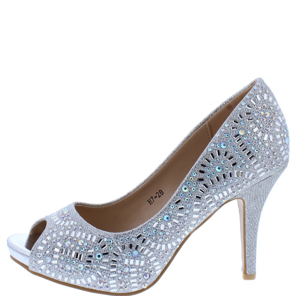 Silver Rhinestone Open Toe High Heel Pump